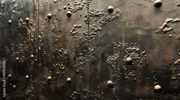 Fototapeta Close-up of a textured metallic surface with circular indents.