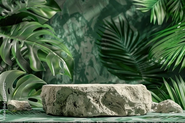 Fototapeta Stone Platform Surrounded by Lush Green Tropical Foliage