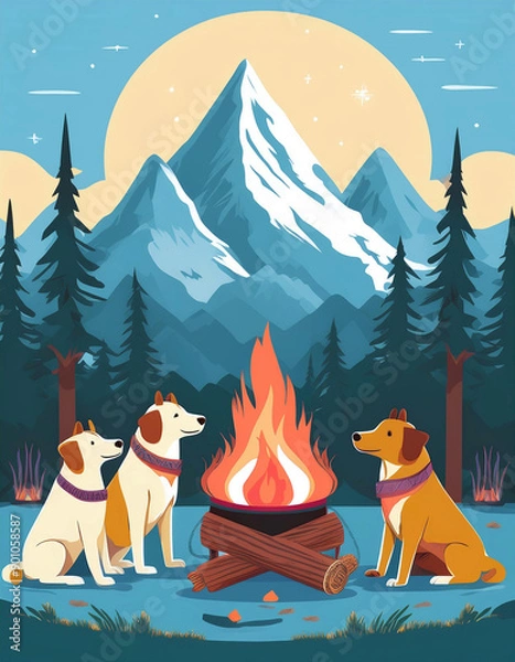 Fototapeta 자연 속에서 캠핑을 하는 강아지 무리의 사진을 만듭니다. 그들은 모닥불 주위에 둘러앉았다. 산은 눈으로 덮여 있습니다