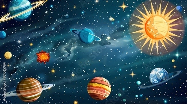 Fototapeta A cartoon illustration of a solar system with planets and stars.