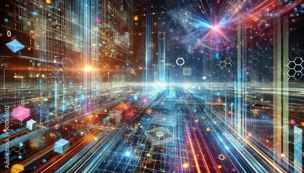 Fototapeta Abstract Cityscape with Neon Lights and Digital Data Flow, Futuristic Technology Concept.