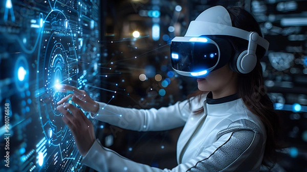 Fototapeta Crisp, clear photo of a college common area featuring AI and VR installations, with hyper-graphic design elements and students engaging in immersive educational experiences 