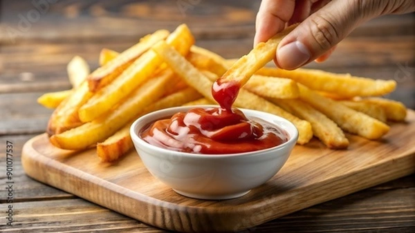 Obraz hand dips french fries in ketchup, french fries with ketchup, fastfood