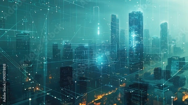 Fototapeta High-tech urban skyline with interconnected structures