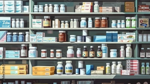 Fototapeta Pharmacy Panorama Vibrant Medication Display with Alphabetical Arrangement