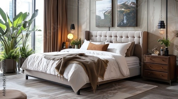 Fototapeta A modern bedroom with a large bed, nightstand, and a plant.