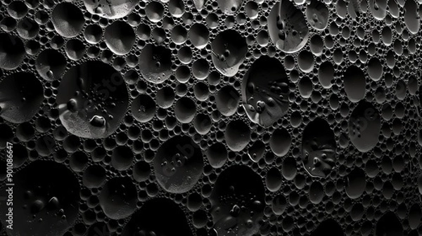 Fototapeta A close up of water droplets on a black surface.
