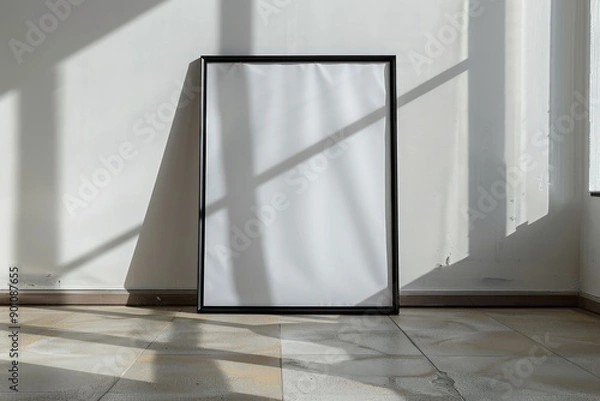 Fototapeta an empty blank picture frame leaning against a white wall - art / poster mockup template