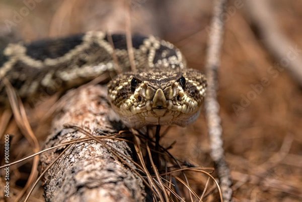 Fototapeta Face to Face with an Eastern Diamondback Rattlesnake (Crotalus adamanteus). Close-up on its head facing the camera.  Awesome view of its scale pattern, with sharp focus on the front of the head.