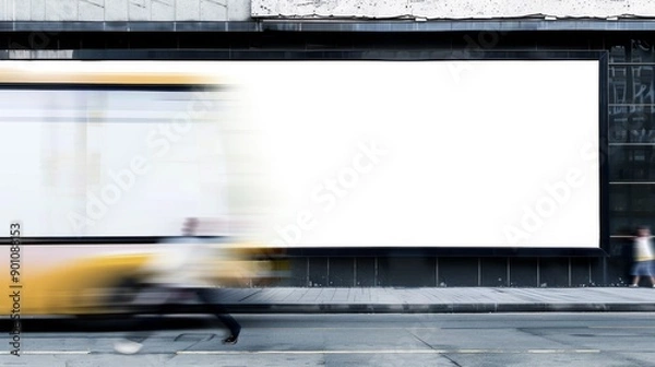 Fototapeta A group of pedestrians walks past a large, blank billboard on a city street during the evening, signifying potential for advertising.