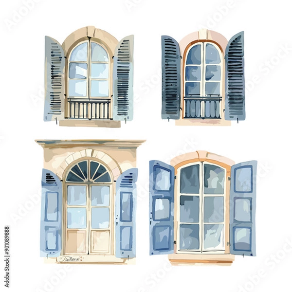 Fototapeta Set of four watercolor illustrations of windows with shutters.