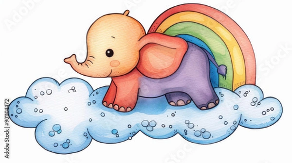 Fototapeta A vibrant elephant drifts amidst fluffy clouds, bursting with colors that spark joy and wonder in this whimsical illustration.