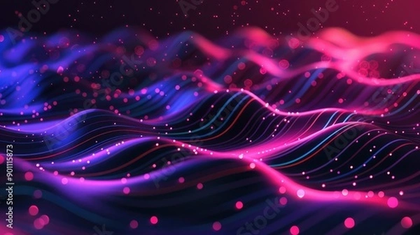 Fototapeta Fluorescent waves with a tech background