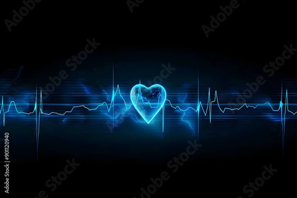 Fototapeta Neon blue heart and electrocardiogram pulse line on a dark background, symbolizing health, heartbeat, and medical technology.