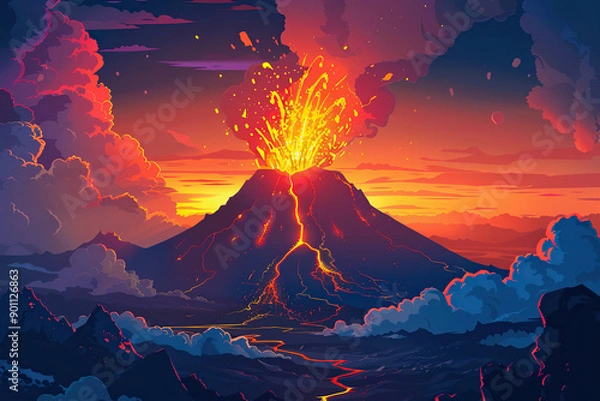Fototapeta Generative ai on theme of erupting volcano with cascading hot lava surrounded thick white smoke