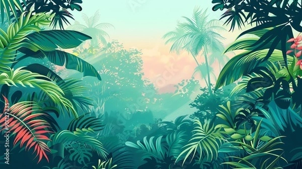 Fototapeta A lush green tropical jungle scene with palm trees, large leaves, and colorful flowers.