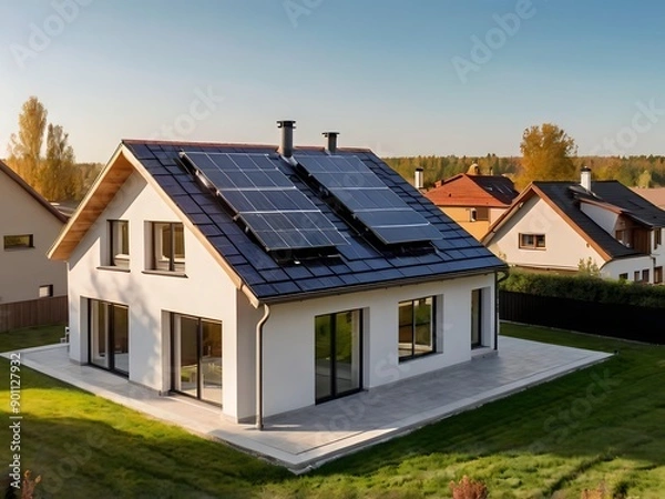 Fototapeta Close-up of a new suburban house with a photovoltaic system on the roof. Simple and modern environmentally friendly house with solar panels on the gable roof, with sunlight during the day