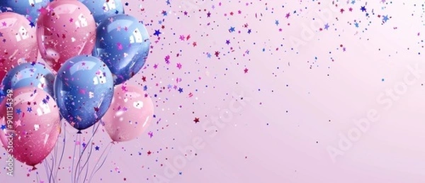 Fototapeta Colorful balloons and confetti on a pink background. Perfect for celebrations, parties, and festive occasions. Vibrant and joyful decoration.