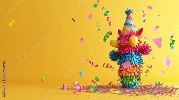 Fototapeta Colorful pinata with birthday hat on yellow background and confetti. Perfect for party celebration or festive event concepts.