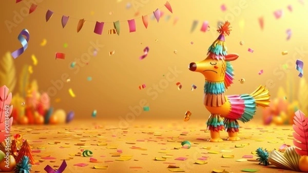 Fototapeta Colorful pinata in a festive setting with confetti and streamers, perfect for celebration and party themes.