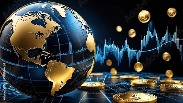 Fototapeta An abstract representation of the global economy, with floating golden coins, dollar bills, and financial graphs against a dark background. 