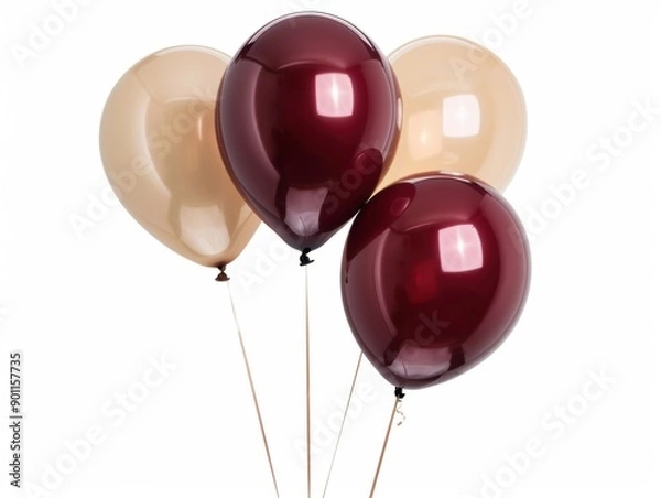 Fototapeta A collection of maroon and tan balloons is elegantly arranged against a bright white background, perfect for celebrations
