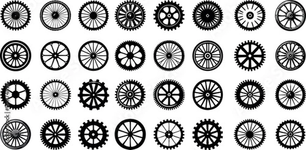Obraz Set of Various Types of old wheels vector illustration silhouette icon, ancient wheel isolated on transparent background
