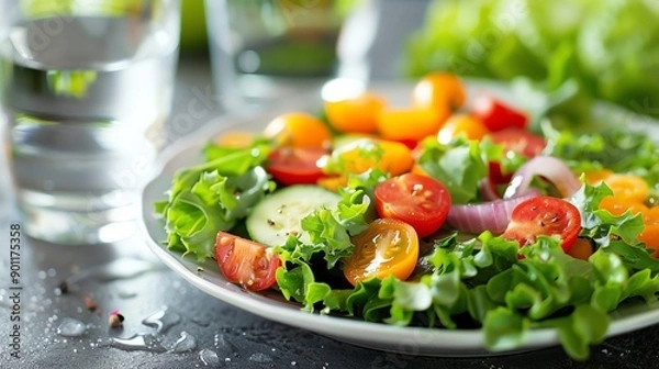 Fototapeta A bowl of salad with lettuce, cherry tomatoes, and cucumbers.