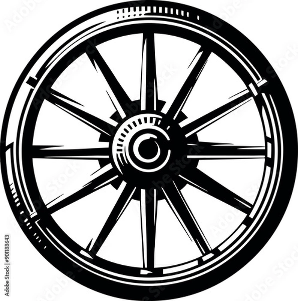 Obraz wagon vehicle old wheel vector illustration silhouette icon, ancient wheel isolated on transparent background