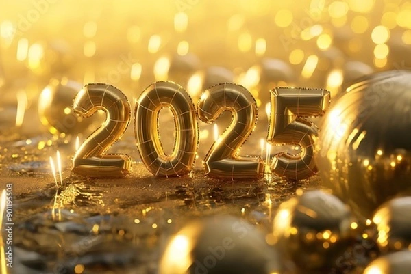 Fototapeta new year, "2025" text, happy new year! bright golden background, typography