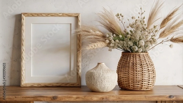 Fototapeta A rustic wooden table is adorned with a decorative arrangement. 