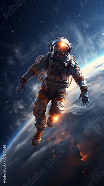 Fototapeta A lone astronaut floats in space, the Earth's horizon and starry sky behind them. The astronaut is wearing a white helmet, a blue and orange spacesuit, and boots.