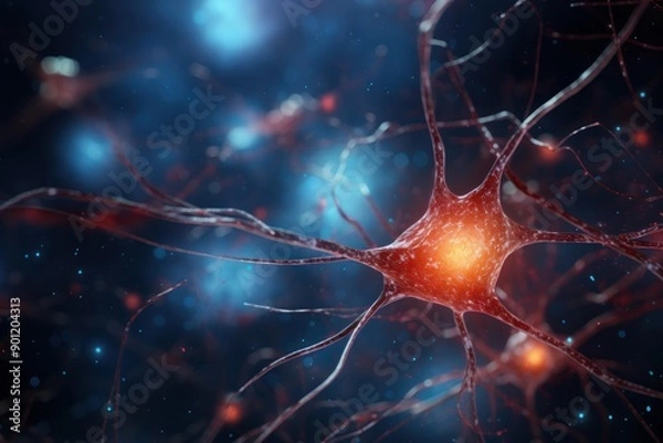 Fototapeta Close-up 3d rendering of neural network synapse in high resolution, showcasing the intricate connectivity between neurons and the biological function of the nervous system