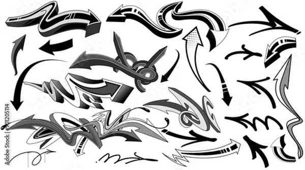 Fototapeta Set of arrow shapes elements in graffiti style. Black and white graffiti arrows drawing vector art