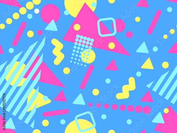 Fototapeta Geometric seamless pattern with memphis elements in 80s style. Colorful geometric pattern. Design of promotional products, wrapping paper and printing. Vector illustration