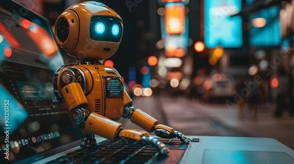 Fototapeta Digital Illustration of a Robot Working on a Laptop Computer.