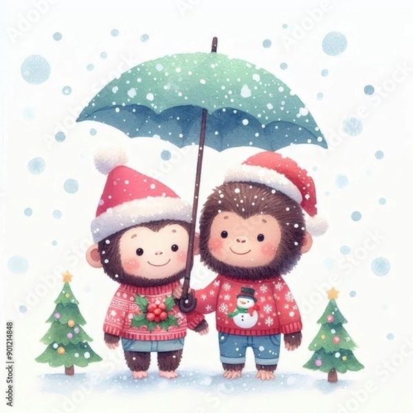Fototapeta Two cute monkeys in Christmas sweaters share an umbrella under falling snow.