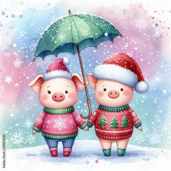 Fototapeta Two cute pigs in Christmas sweaters and hats share an umbrella in the snow.