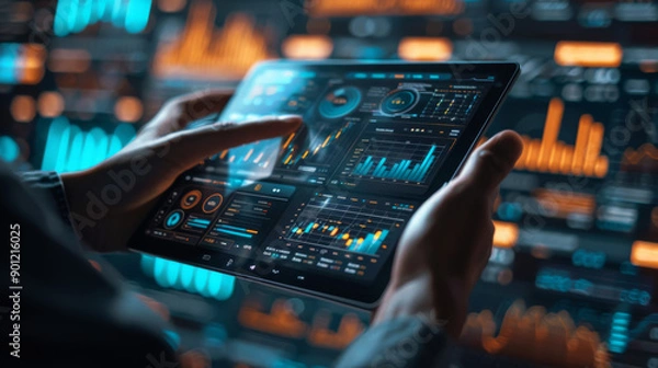 Obraz Businessman in a suit with no face uses a tablet to work and complete tasks, technology schedule, investments