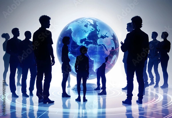 Obraz Silhouetted Figures with Holographic Earth Globe