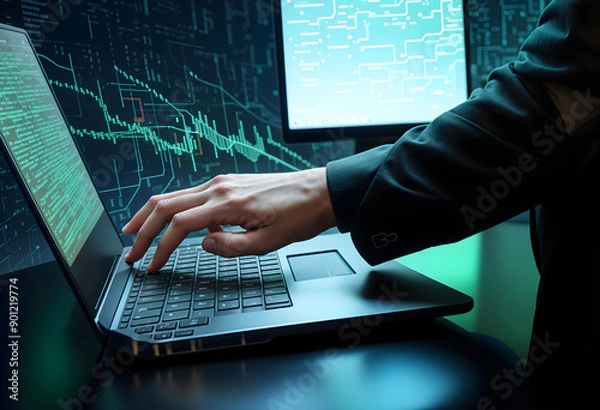 Obraz Hands Typing with Stock Market Chart