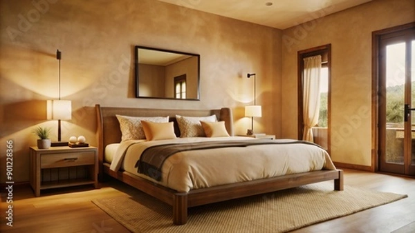Fototapeta In a cozy, minimalist bedroom, a large bed with beige linens is the focal point.
