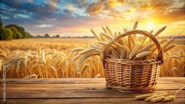 Fototapeta A wooden tabletop with a wicker basket filled with freshly harvested wheat stalks, set against a blurred golden wheat field, highlighting the beauty of nature's bounty.