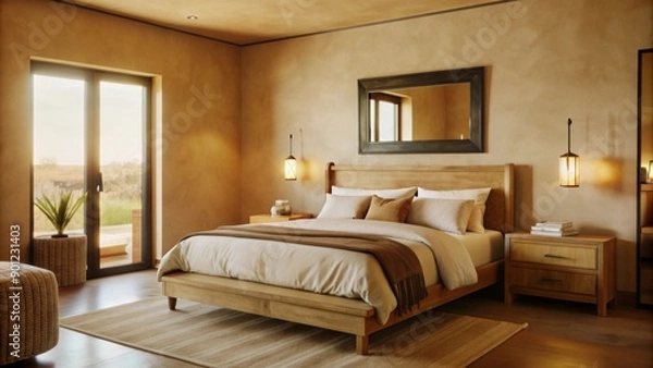 Obraz In a cozy, minimalist bedroom, a large bed with beige linens is the focal point.