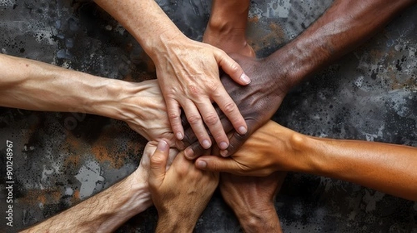 Fototapeta Diverse hands clasped together, symbolizing unity, teamwork, and collaboration.