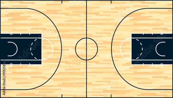 Fototapeta Top view of basketball court with markings, flat vector illustration
