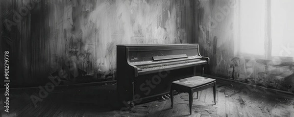 Fototapeta Old piano in an abandoned, dimly lit room.