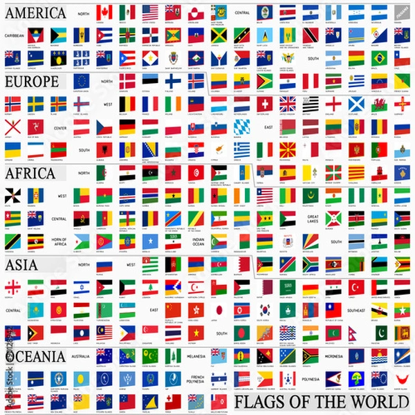 Fototapeta World flags in perspective, by continents. (make flags longer/shorter or warp to modify perspective)
