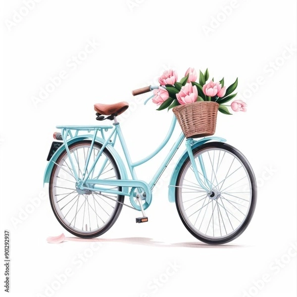 Fototapeta A vintage bicycle with a basket of flowers, isolated on a white background in watercolor style