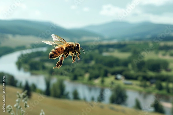 Fototapeta Honeybee flying near a farm landscape with hills and river.
